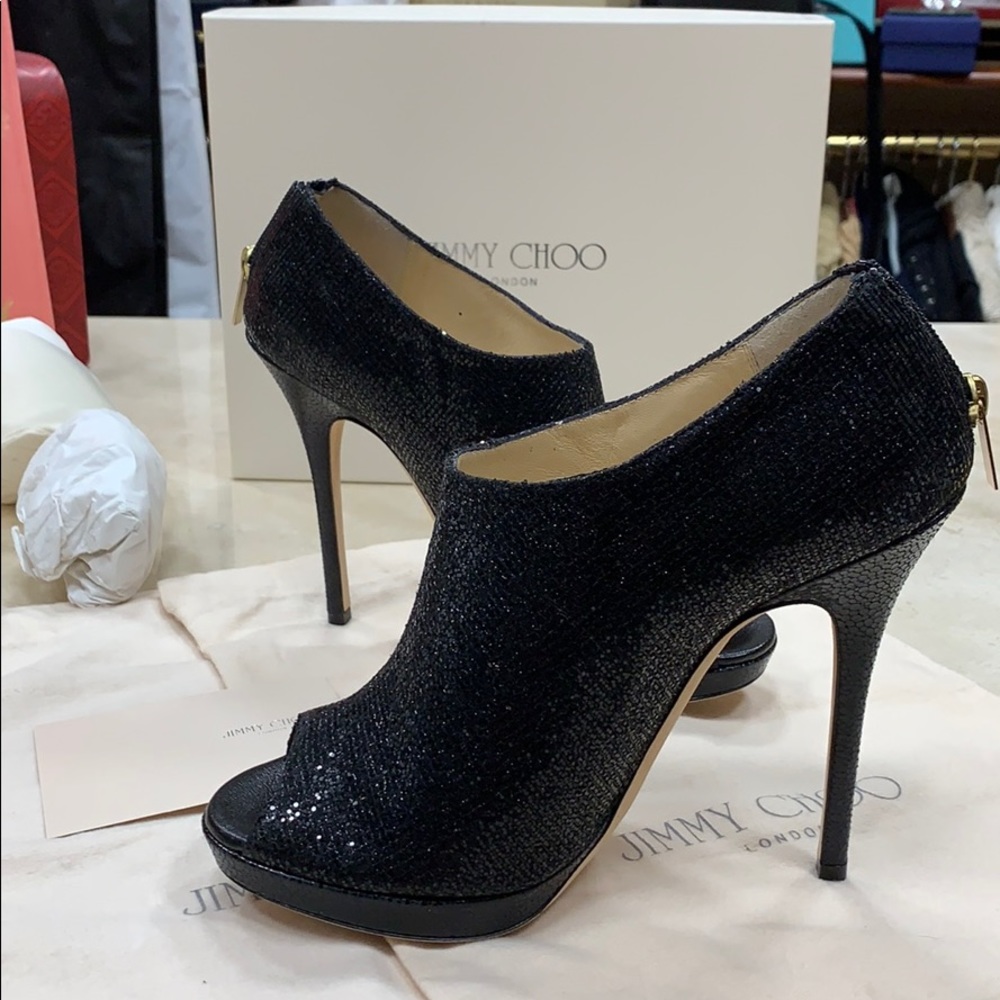 JIMMY CHOO GLINT BLACK KID LEATHER STILETTOS W/PLATFORM BOOTIES EU38.5 - Picture 3 of 8